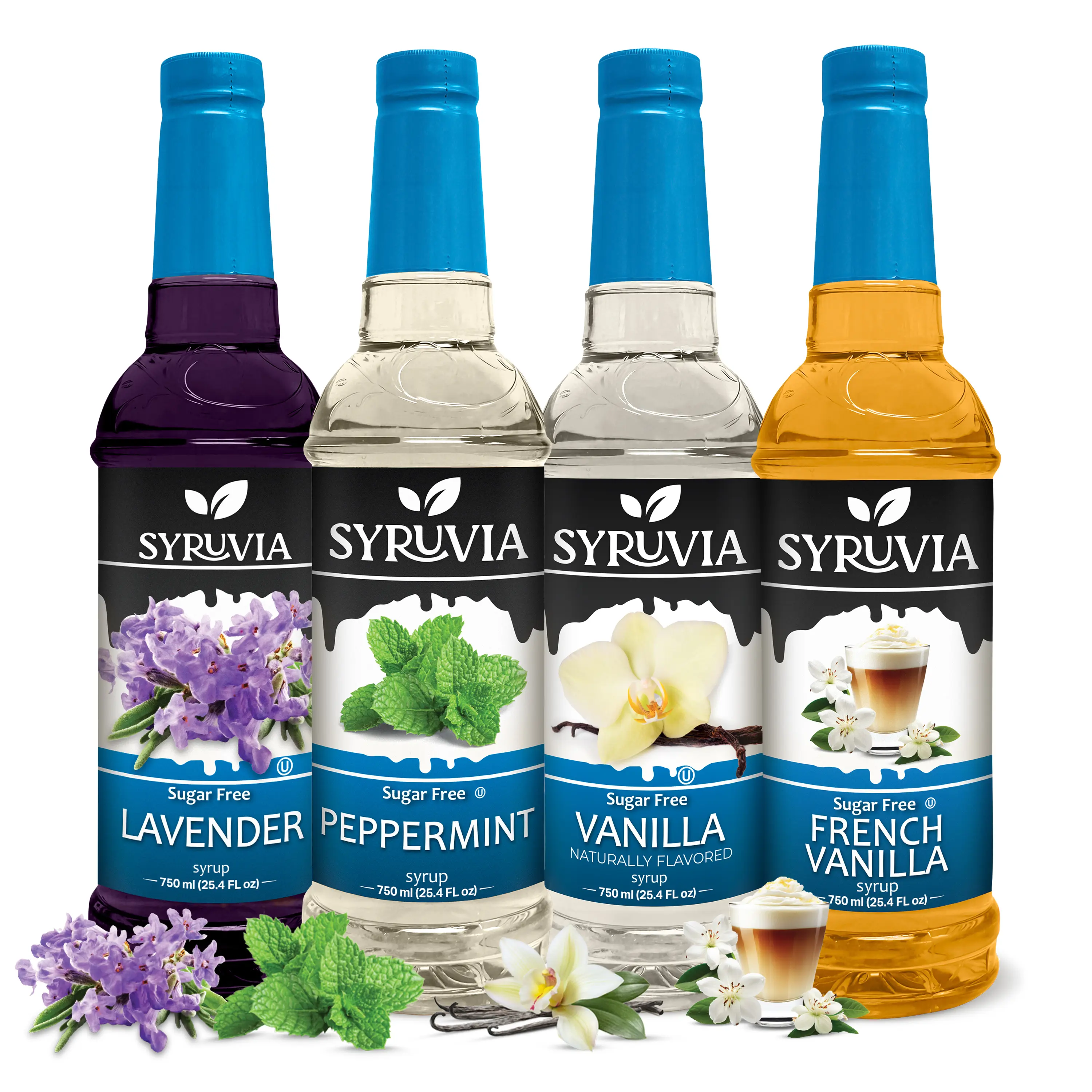 Syruvia Sugar Free Syrup Variety Pack – Lavender, Peppermint, Vanilla & French Vanilla – Kosher, Gluten-Free Syrups for Coffee, Tea, Lemonades & Desserts – 25.4 fl oz Bottles (Pack of 4)