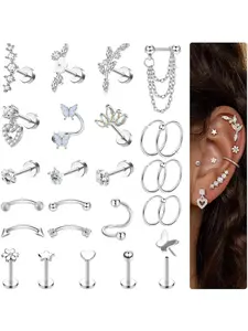 Diverse 26 Pcs Silvery Exquisite Helix Piercing Jewelry Copper Stainless Steel Tragus Earrings Set for Women Men Flat Back Earrings Stud Ear Piercing Conch Helix Hoop Cartilage Earrings Rook Daith Tragus Piercing Jewelry Ear Studs