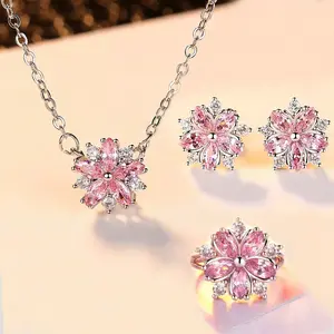 Pink Cherry Blossom Set Elegant Light Luxury Style Pink Synthetic Zircon Cherry Blossom Theme Women's Jewel Set, Rings, Necklaces and Earrings, Romantic and Charming Sexy Wedding, Valentine's Day Christmas Gift Jewelry
