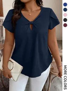 【Plus Size】 Solid Color Blouse, Casual Short Sleeve Blouse for Summer, Women's Plus Clothing for Daily Wear