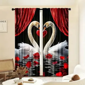 Elegant Swan Rose Curtains Set, Vintage Print, Perfect for Living Room, Gift for Lover, Romantic Home Decor