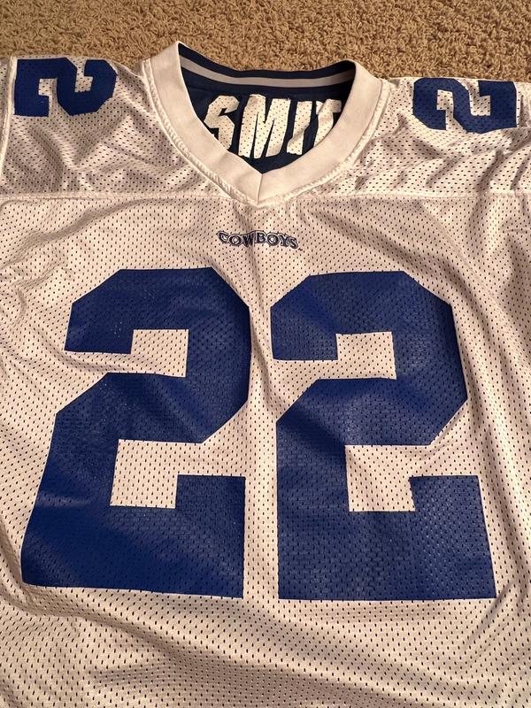 Iconic 90s Vintage Dallas Cowboys Emmitt Smith #22 Starter Jersey - White/Blue Mesh (Size 48/L)