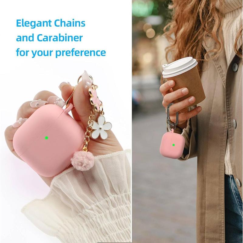 Compatible with AirPods 4 Case , Premium Soft Silicone Protective Case Cover for Apple AirPods 4th Generation with Cleaner Kit, Carabiner and Keychain Accessories for Women Girls (Pink)