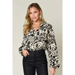 Double Take Full Size Printed Ruffle Trim Balloon Sleeve Shirt