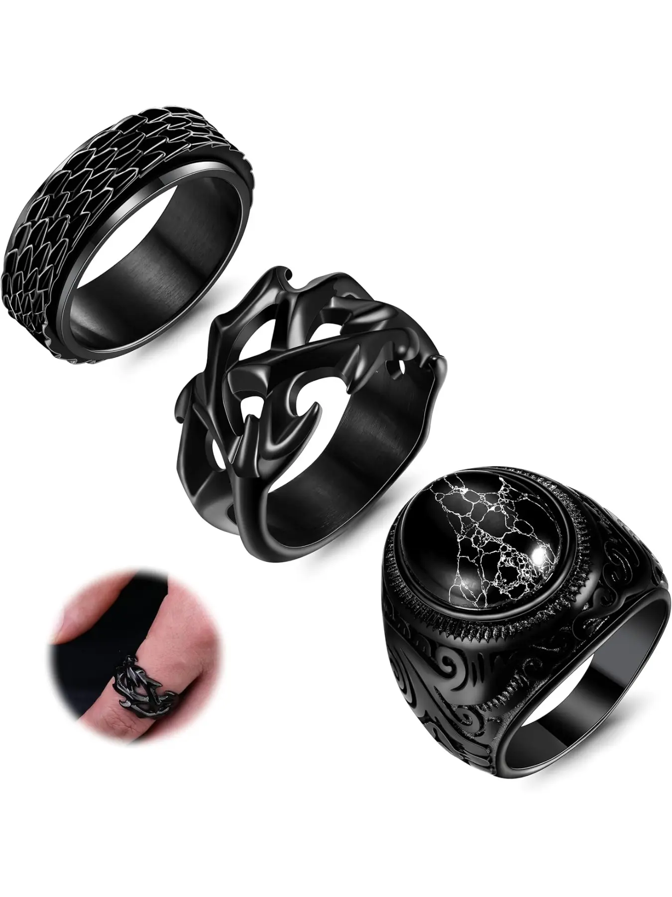 Black Rings for Men, Mens Stainless Steel Fidget Ring Rings Spinner Spinning Thumb Finger Ring, Retro Vintage Turquoise Stone Ring, Cool Punk Biker Ring, Fashion Male Jewelry Rings, Size 7-15