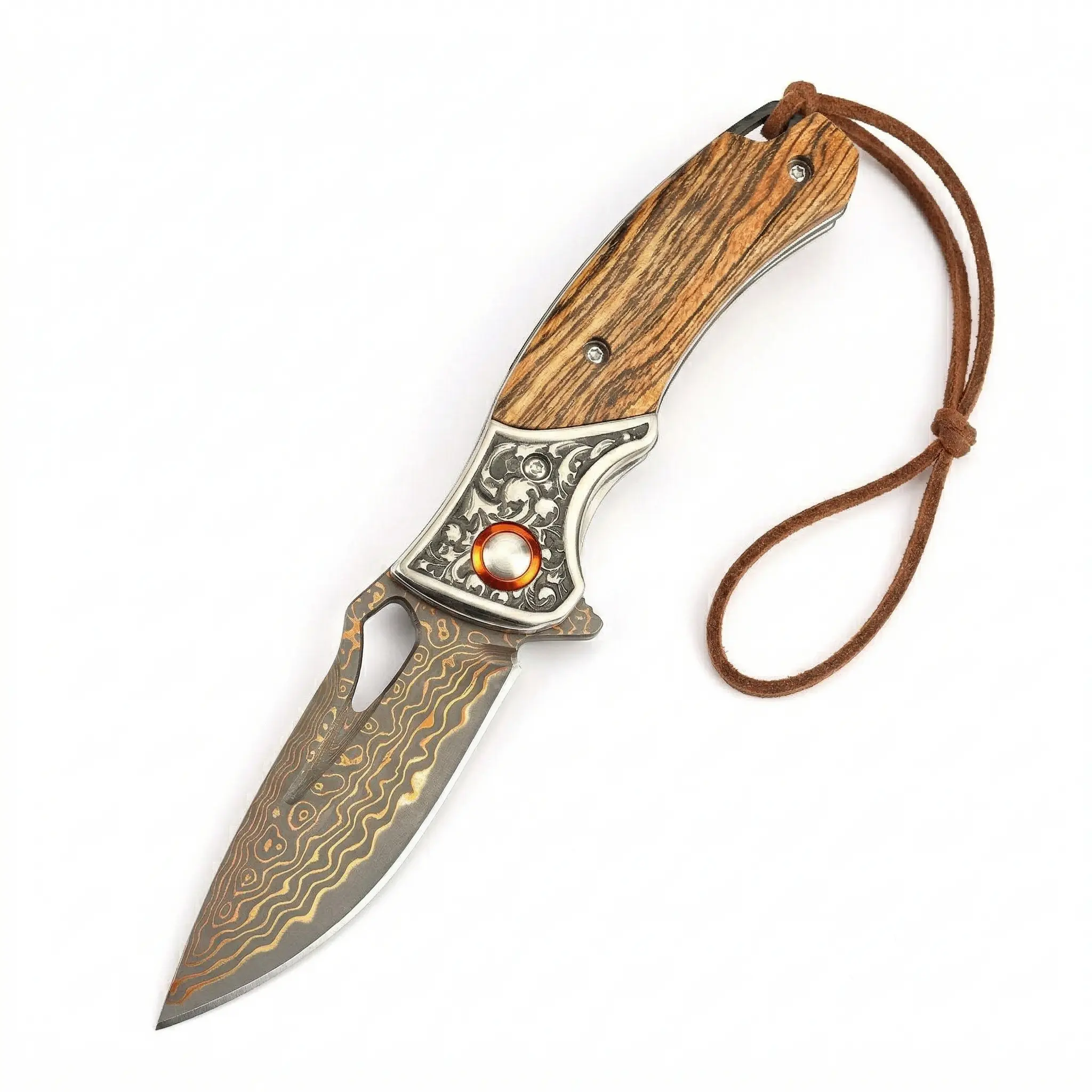 DJ-56 Folding EDC Knife with Copper Damascus Steel and Golden Sandalwood Handle, Great for Chefs