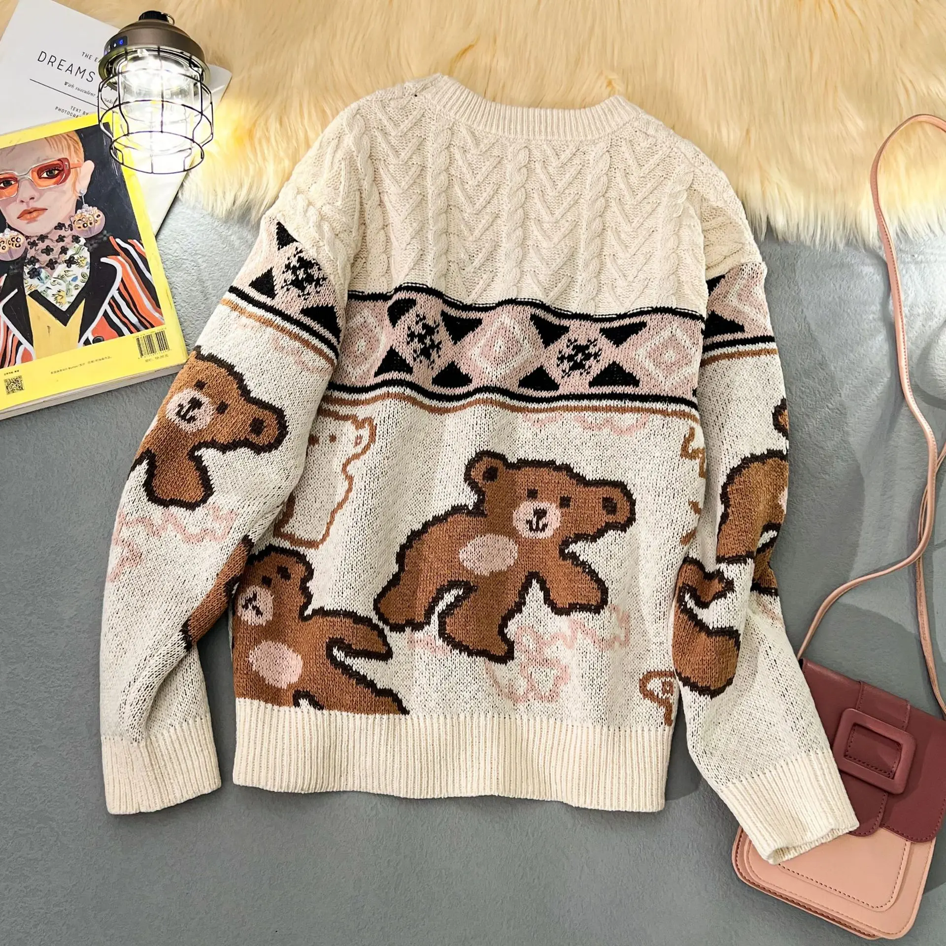 Men's Christmas Sweater Hong Kong Style Fleece Lined Thickened Warm Knitted Loose Trendy Couple Outfit Christmas Gift for Autumn Winter ootd  fashion