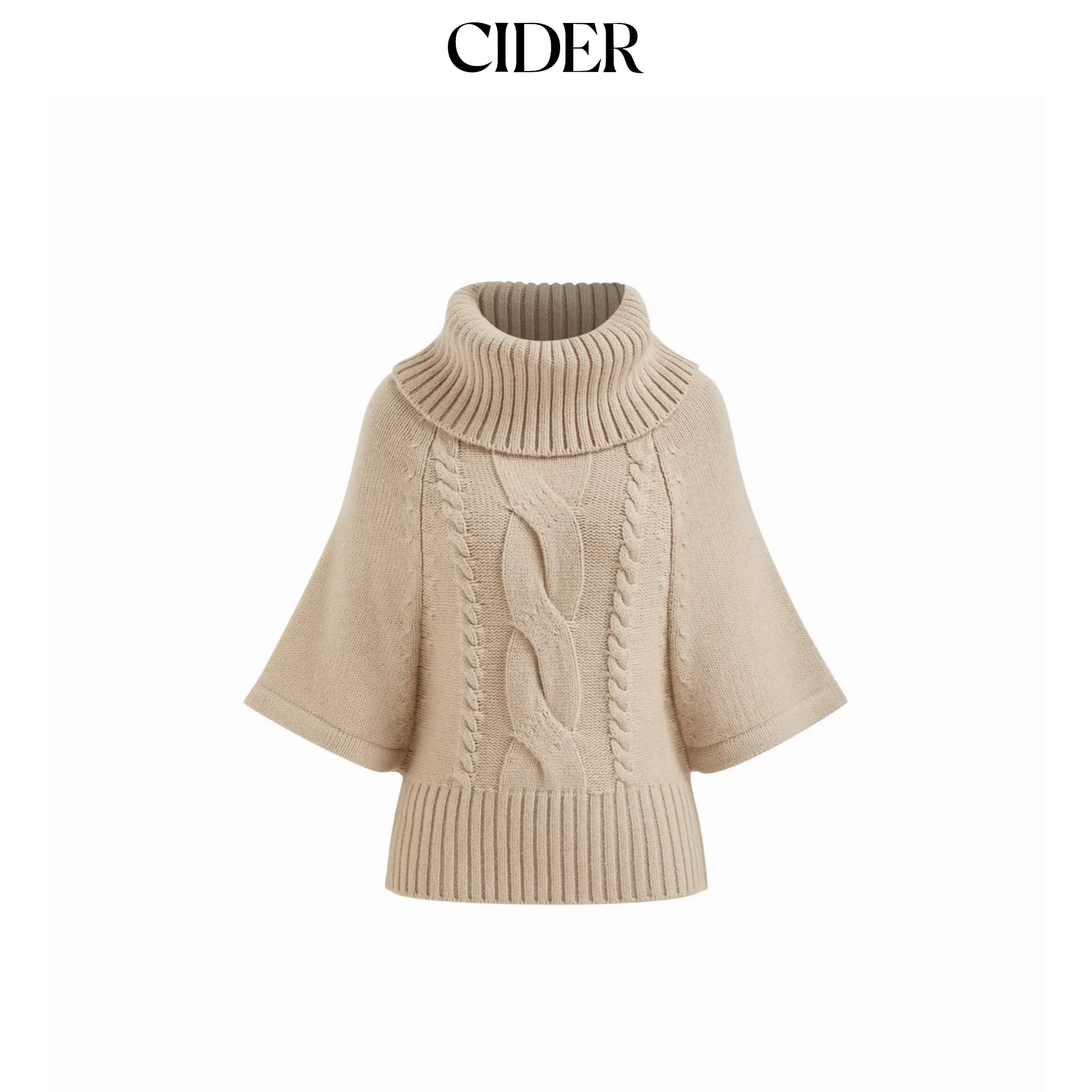 Cider Women's Loose-Fitting Cable-Knit Wool-Like Fabric Turtleneck Knitwear, Casual Mid-Length Sleeves High Neck Top