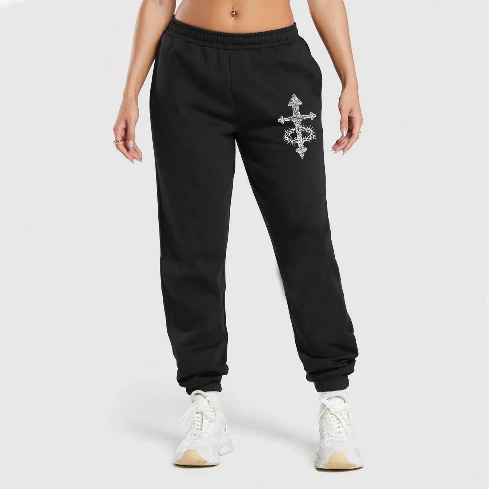 Cross Print Sweatpants, Beige Minimal Joggers, Aesthetic Streetwear Pants, Soft Neutral Clothing, Simple Faith Design, Unisex Loungewear