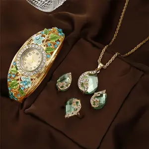 Elegant Floral Cloisonné Jewelry Set for Women, Vintage Style Bracelet Watch and Bangle, Unique Artistic Gift