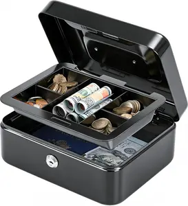 Medium Cash Box with Removable Money Tray, Key Lock Metal Storage Box with 2 Keys & Portable Handle, Safe Cash Drawer, 7.87"x 6.30"x 3.54", Black