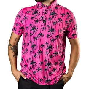 Sunday Swag.ger Men's Pink Palm Tree Polo Shirt – Tropical Golf Shirt for Summer – Casual Short Sleeve Beach Vibes Performance Top