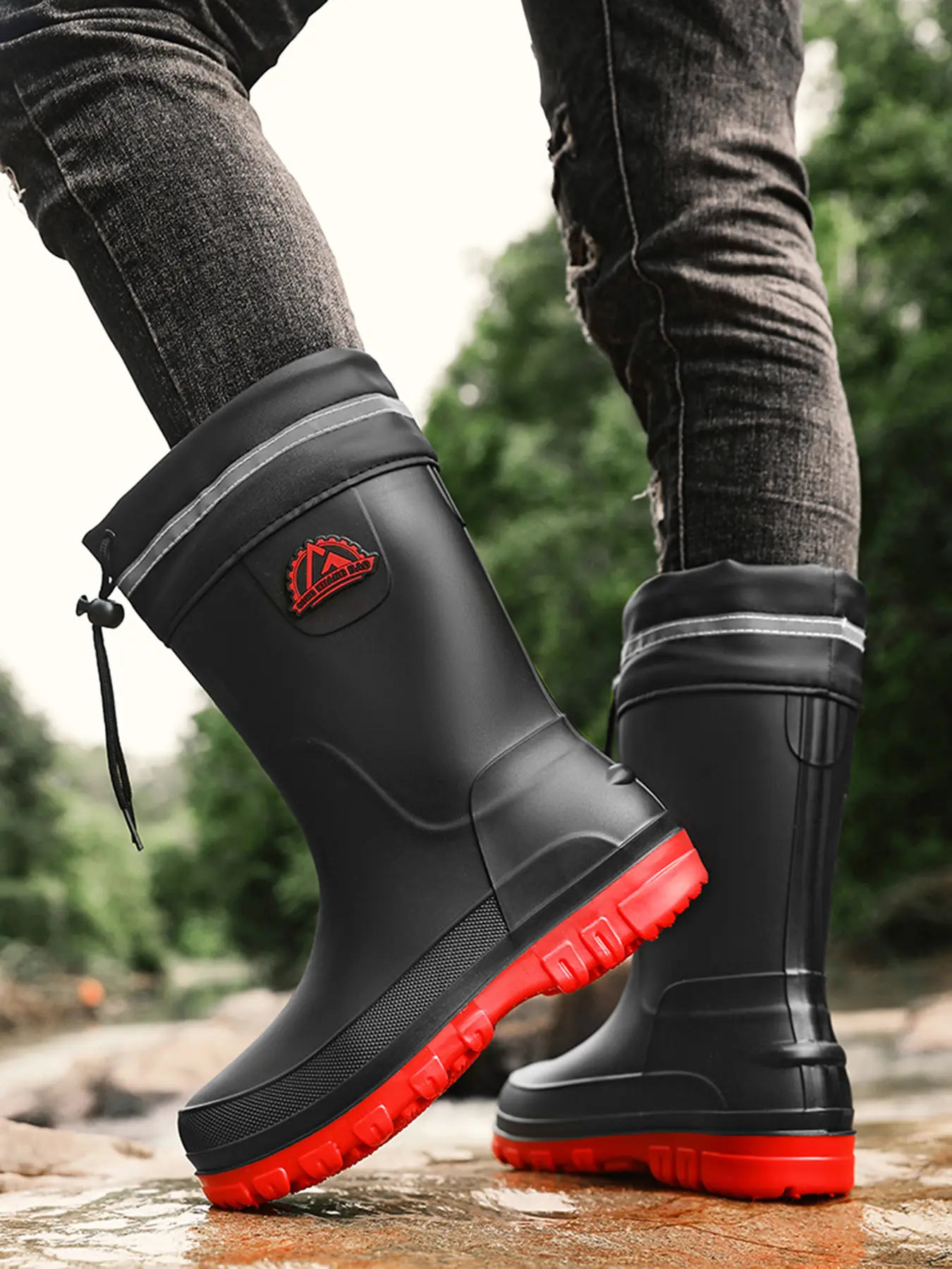 Men's Mid-Calf Rain Boots Waterproof Boots Mud Boots Thick Sole Anti-Slip Large Size All-Season Comfort Outdoor Fishing Boots with Drawstring Closure, Footwear