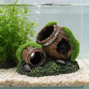 Aquarium Decor Realistic Moss Hollow Wine Barrel Ornament, Fish Tank Accessories, Moss Wood Bucket Hideaway House Craft