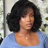 Curly Bob Wig with Bangs, Yaki Wavy Short Shoulder Length, Layered Wigs for Women, Synthetic Fiber Wig, Daily and Party Use, 14 Inch
