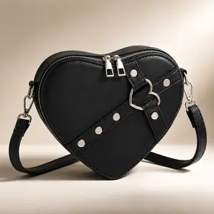 Trendy New Y2K Sweet Cool Studded Heart Shaped Crossbody Shoulder Bag for Women, Fashionable Unique Solid Color Rivet Underarm Purse, Aesthetic Punk Grunge Coquette Heart Satchel, Social Media Viral Everyday Baddie Gift for Her