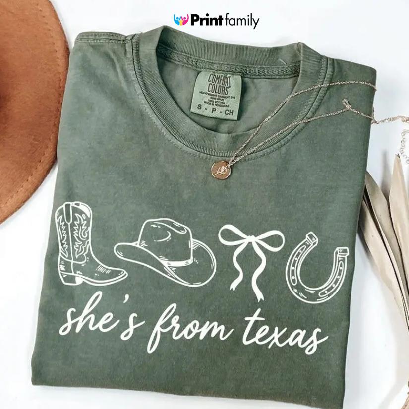 Comfort Colors She’s From Texas Graphic Tee, Western Country TShirt, Cowgirl Tee, Gift for Her – Printfamily