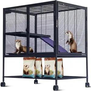 Multi-Level Ferret Cage 36" High - 4-Tier Small Animal Habitat with Removable Ramp, Tray, Hammock & Storage Stand, Lockable & Portable Enclosure