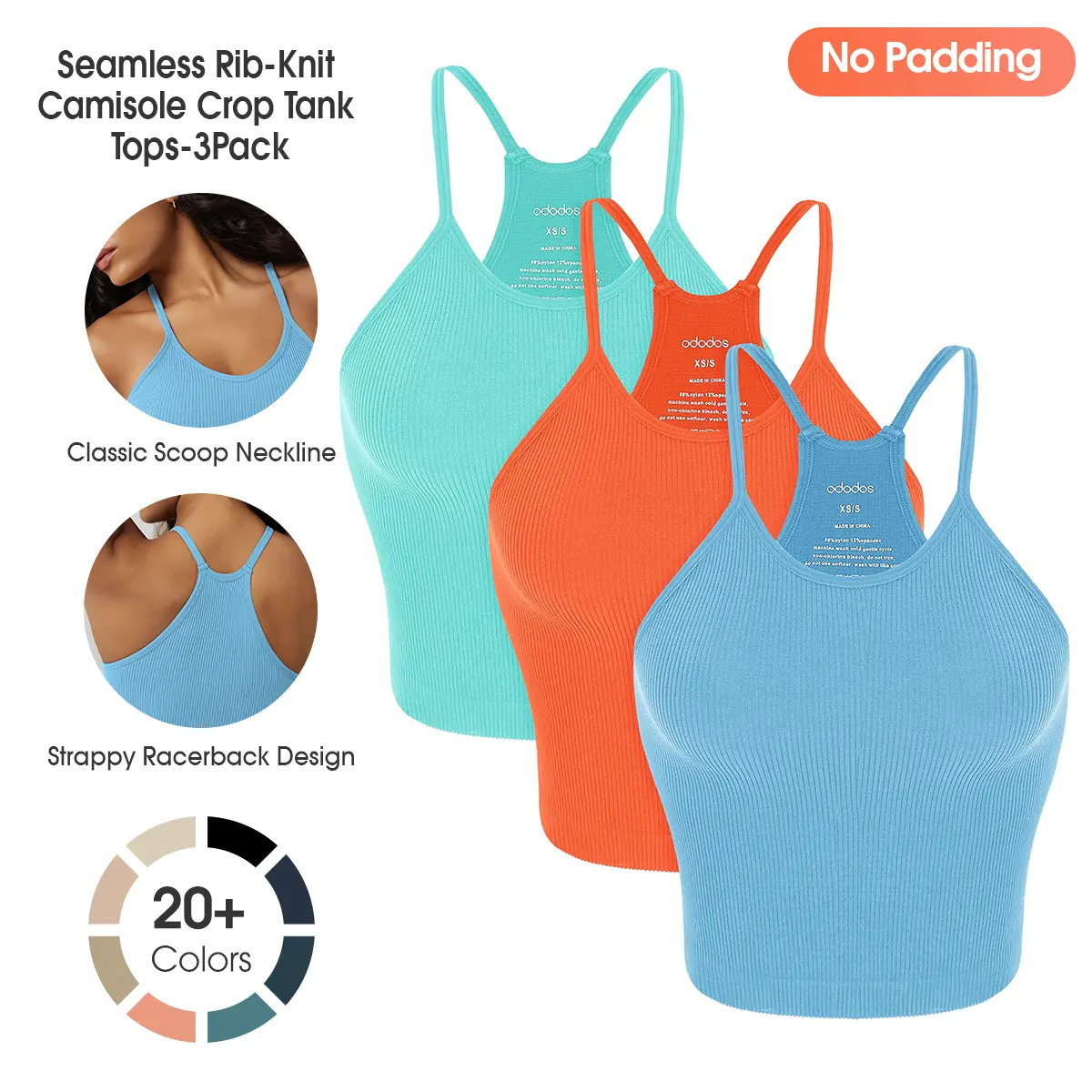 ODODOS Women's Crop 3-Pack Seamless (No Padding) Rib-Knit Camisole Waist Length Crop Tank Tops, summerwins