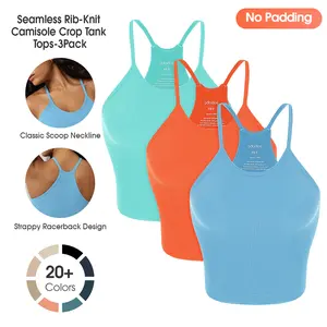 ODODOS Women's Crop 3-Pack Seamless (No Padding) Rib-Knit Camisole Waist Length Crop Tank Tops, summerwins