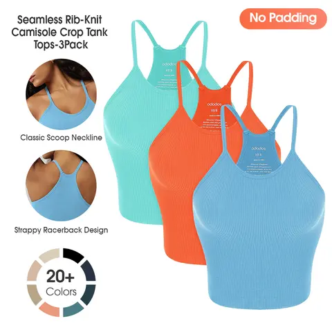 ODODOS Women's 3-Pack Seamless Rib-Knit Nylon-Spandex Fabric Crop Camisole Tops - No Padding, Breathable Tank Tops, Casual, Waist-Length, Armless, Everyday Summer Women's Tanks & Camis