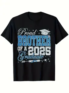 [Graduate T-Shirt] 2025 Graduate Black Cotton T-Shirt Youngsters' Proud Brother Comfort Fit Casual Streetwear for Boys Girls Family Celebration Graduation Gift Classic Round Neck Durable Print Quality