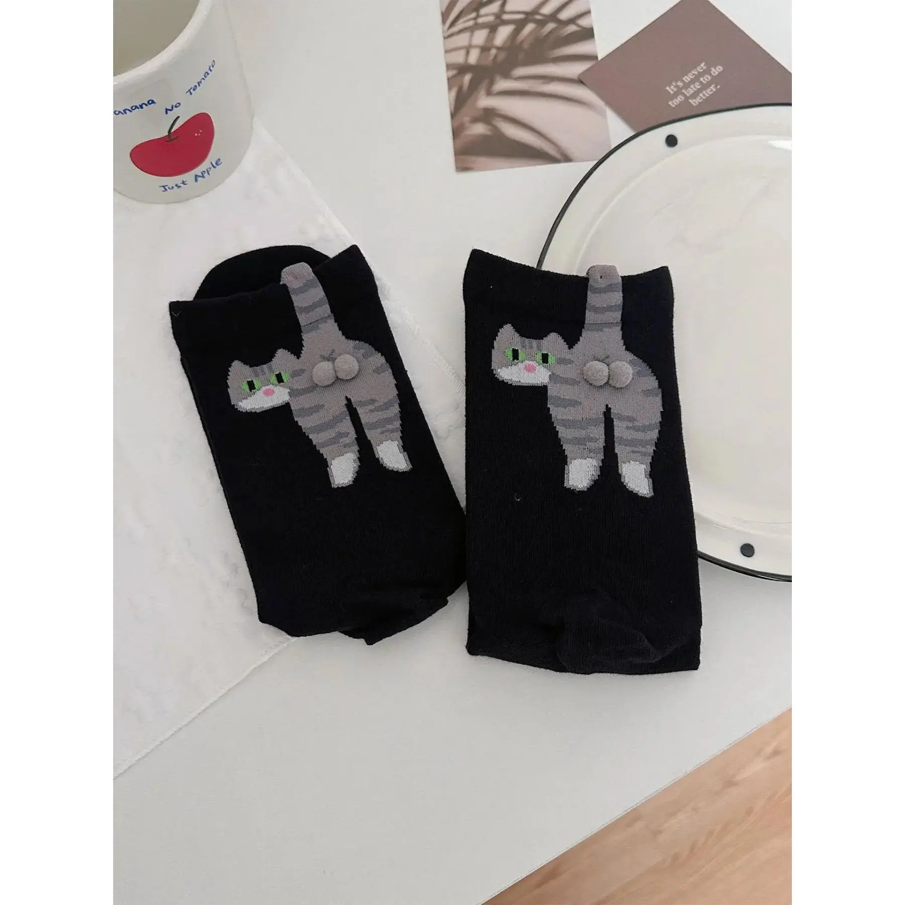 Girls' 2-Pair Snug Mid-Fit Cotton-Polyester Sports Socks - Cute Animal Cartoon Cat Balls & Feline Tail Print, All-Seasons Knitted Casual Socks