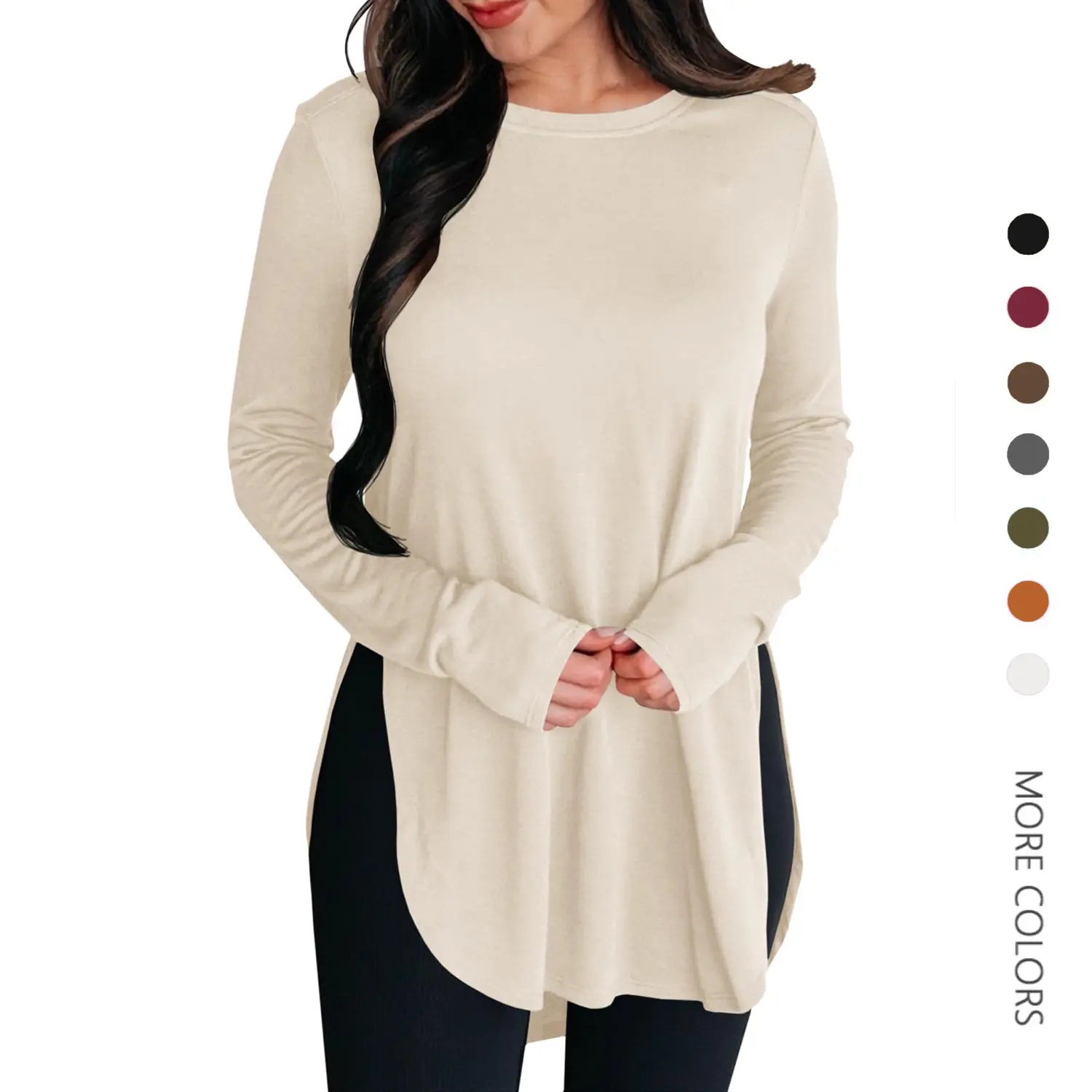 Danedvi Women's Basic Viscose Tunic Top, Simple Chic Long Sleeve Crew Neck, Loose Fit with Hi-Low Side Split Hem, Soft, Style, Comfortable, Layering Outfits, Jeans, Leggings, Casual, Trouser, Shirts, Solid, Blazer