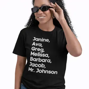 Women's Short-Sleeve Spandex Fit T-Shirt - Abbott Elementary Janine Ava Greg Graphic Top, Trendy School Comedy Inspired Shirt