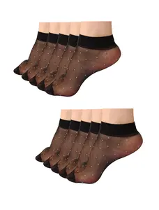 INSPIRE CHIC Women's Stretchy Socks Elastic Sheer Dots Pattern Lightweight Ankle Socks 10 Pairs Women's shoe 4-10/shoe 3.5-7 Black