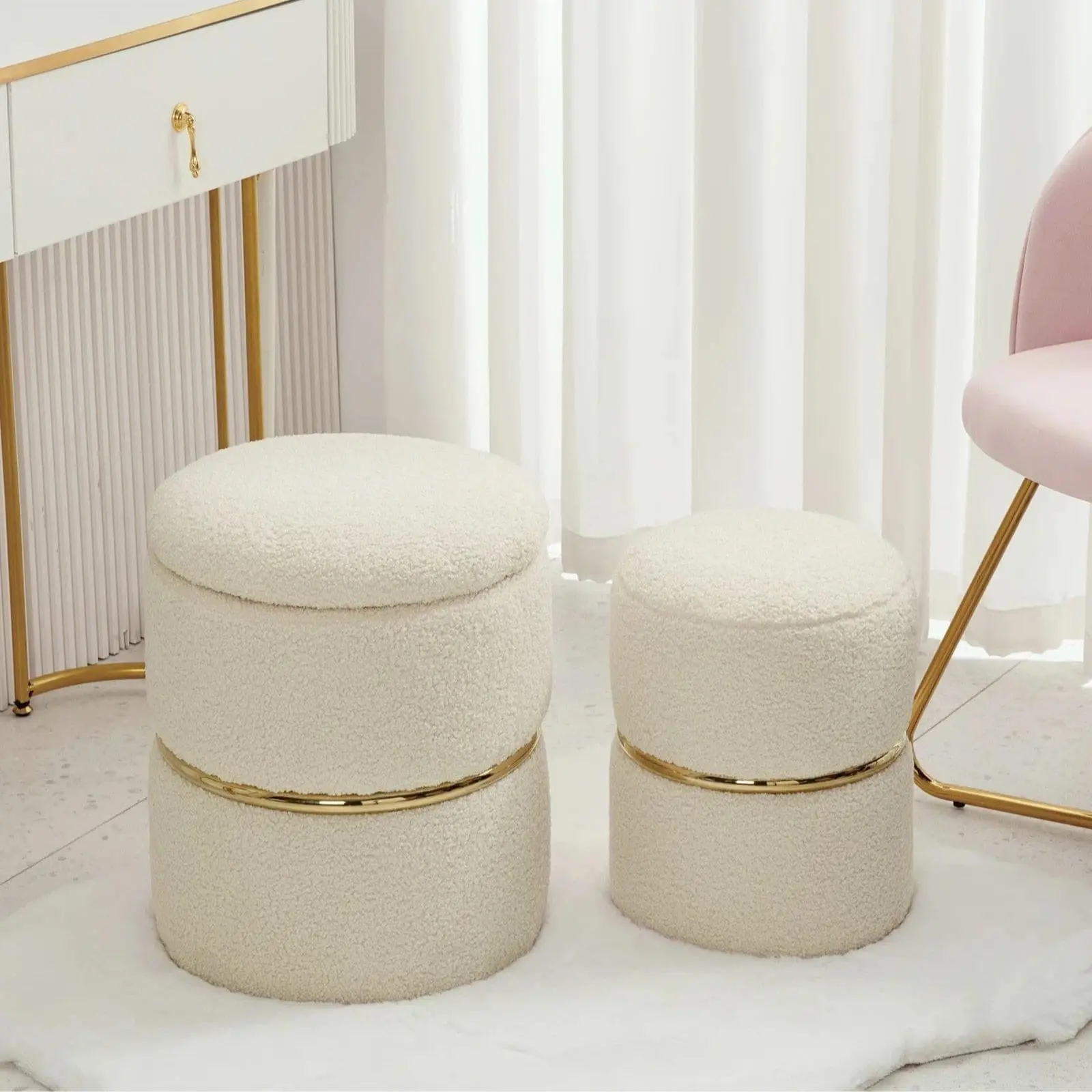 2-Piece Upholstered Boucle Faux Fur Folding Storage Ottoman Set - Gold-Accented, Stainless Steel-Accented Dual-Purpose Footstool with Storage, Indoor Furniture for Modern Bedroom, Coffee Table Stool, Upholstered Stools