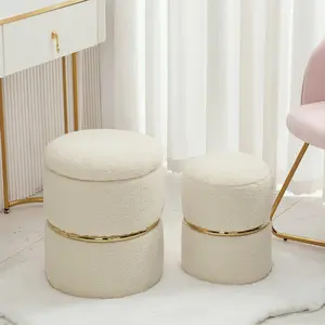 Set of 2 Furry Round Storage Ottoman, Sherpa Upholstered Boucle Ottoman with Storage Fuzzy Footrest Stool - nesting fit bedroom decor room decor