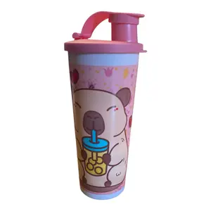 Practical Capybara Design Cup with Pink Lid and Cute Cartoon Print for Kids and Adults 470ml Drinkware