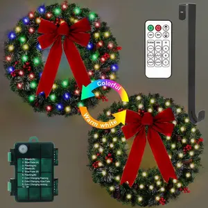 24 Inch Pre-Lit Artificial Christmas Wreath,Color Change LED, Decorated with Pine Cones, Berry Clusters, Frosted Branches Gamexcel