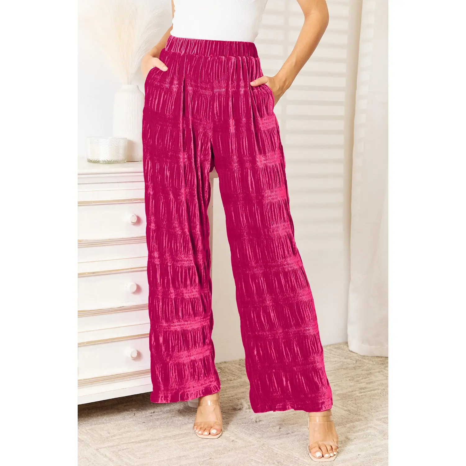 Double Take Full Size High Waist Tiered Shirring Velvet Wide Leg Pants Chic Bottom Comfortable Day Hip Womenswear Casual