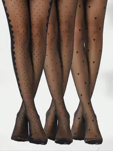 Women's Sexy Heart & Polka Dot Pantyhose Set, High Waist Elastic Comfort Fitted, Casual or Party Wear, Fun Pattern Socks Style, Spring & Fall