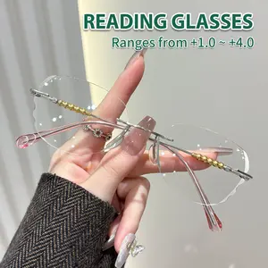 Elegant Cute Gold Beaded Frameless Blue Light Blocking Ladies Reading Glasses (100-400 Degrees), Lightweight Design, Multiple Colors, Rimless Eyeglasses