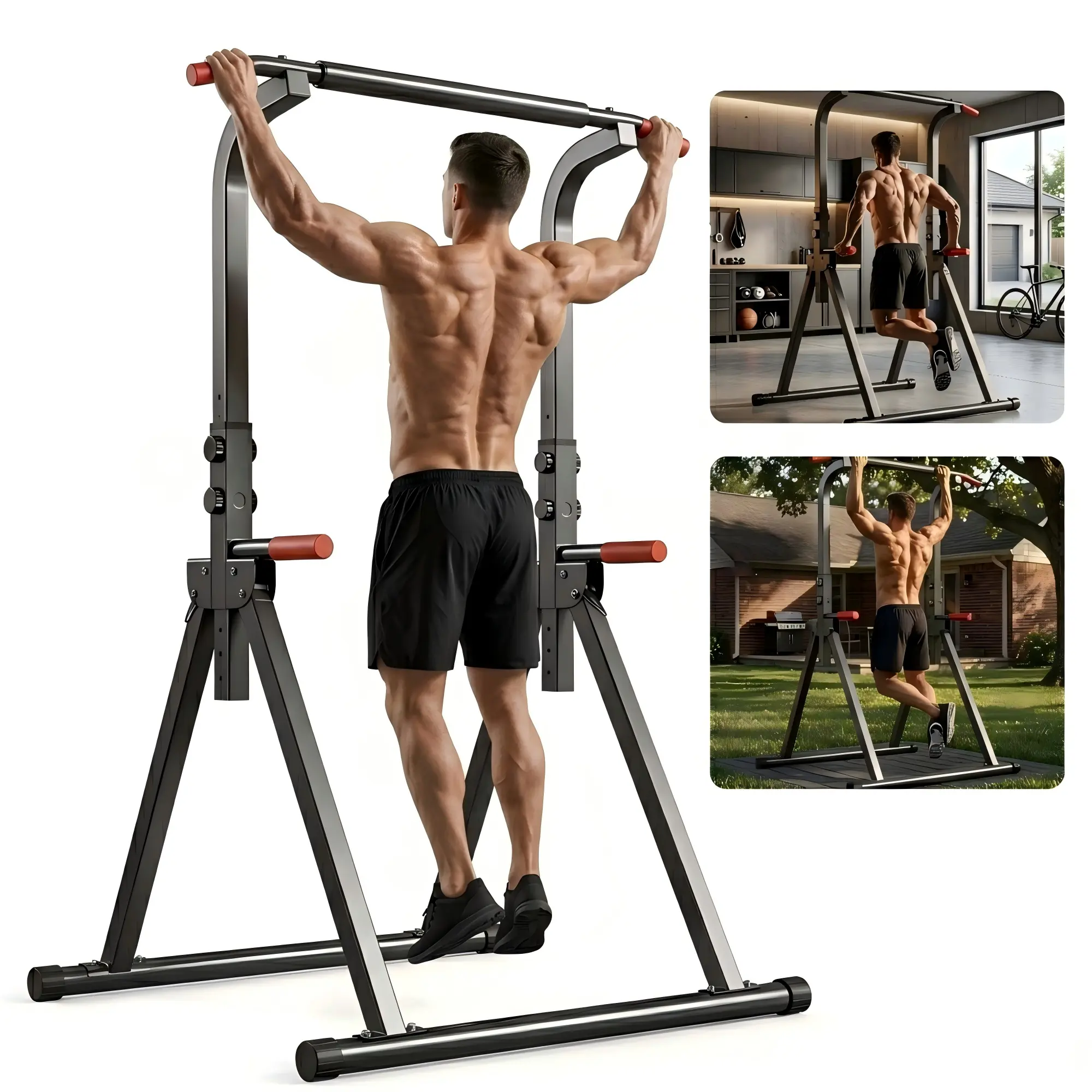 SAYGOGO Foldable Pull Up Bar Power Tower - 6-Level Height Adjustable Multi-Function Dip Station, 440LBS Heavy Duty Space-Saving Core Workout Folding Core Trainer for Home Gyms, Living Rooms, Core Workout Pull-Up Bars
