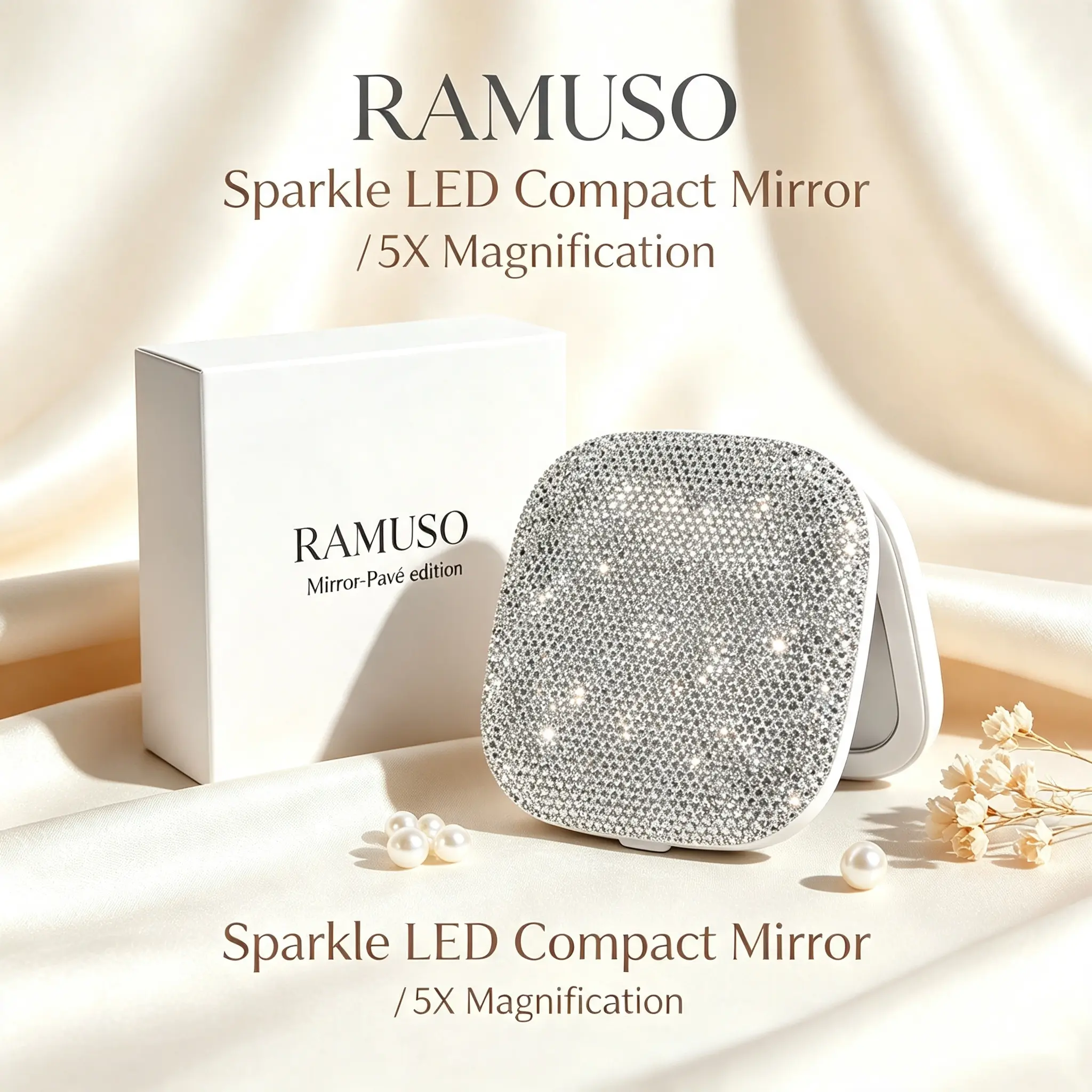 RAMUSO Pavé Rhinestone Lighted Compact Mirror - Hand-Set Luxury Pavé Travel Makeup Mirror with 3-Color LED & Auto Memory, Dual Magnification Hand Mirror, Elegant Gift for Her, Wife, Mother