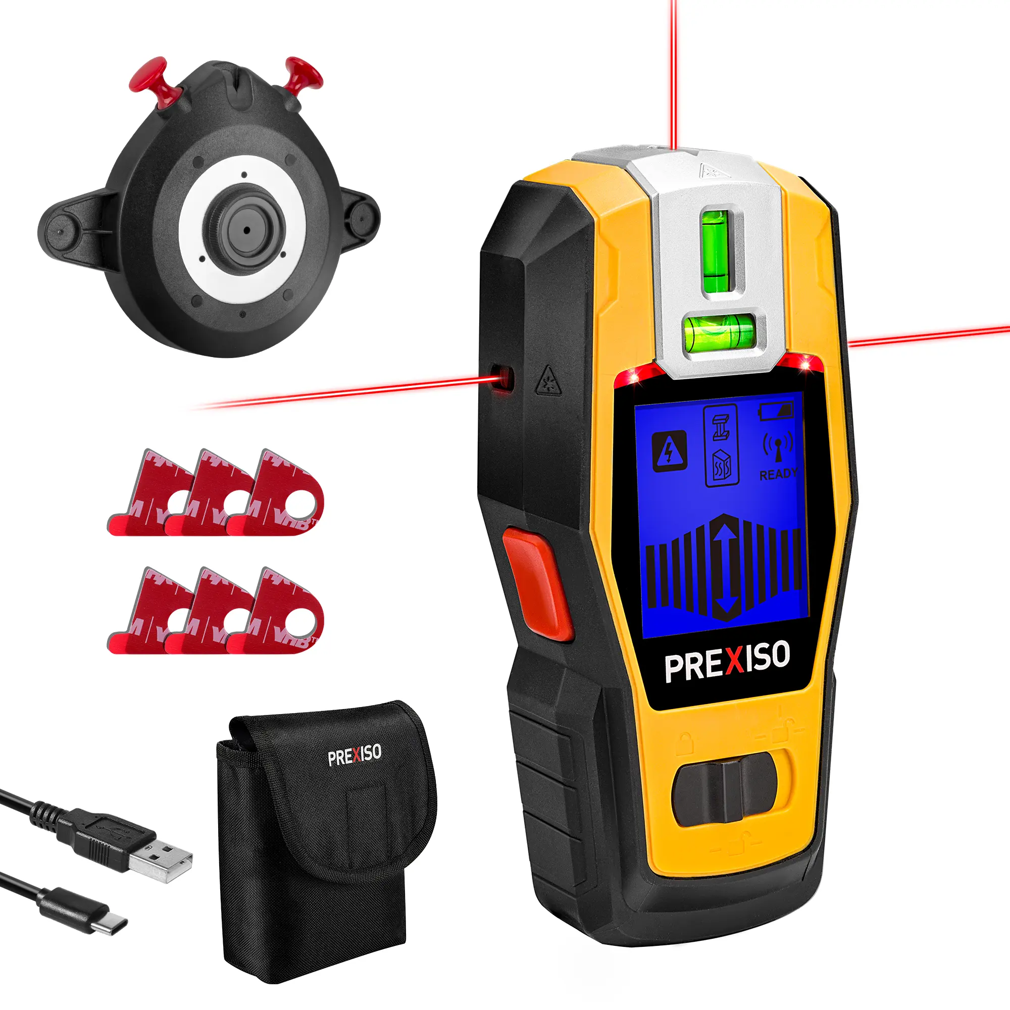 #fathersdaygift PREXISO 2-in-1 Stud Finder with Laser Level, Rechargeable Multi Surface Cross Line Laser & Wall Stud Scanners Tool for Hanging Frames & Picture, Wood Ac Wire Metal Studs Joist Pipe Detection