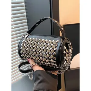 Heavy metal diamond-studded small shoulder bag with cylindrical shape, can be carried by hand or across the body, fashionable and versatile, exquisite and available in multiple colors, suitable for daily commuting, shopping, etc., Elegant Rhinestone Bag
