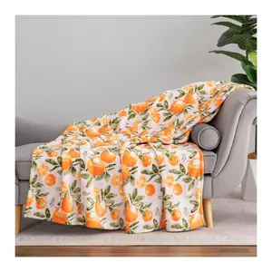 Americana Velvetsoft Throw with Orange Design, Single-Sided Printed Soft Blanket, Cozy Lightweight Flannel Throw for Sofa Bed Bedroom, All Season Warm Plush Blanket Perfect for Home Decor and Holiday Gifting