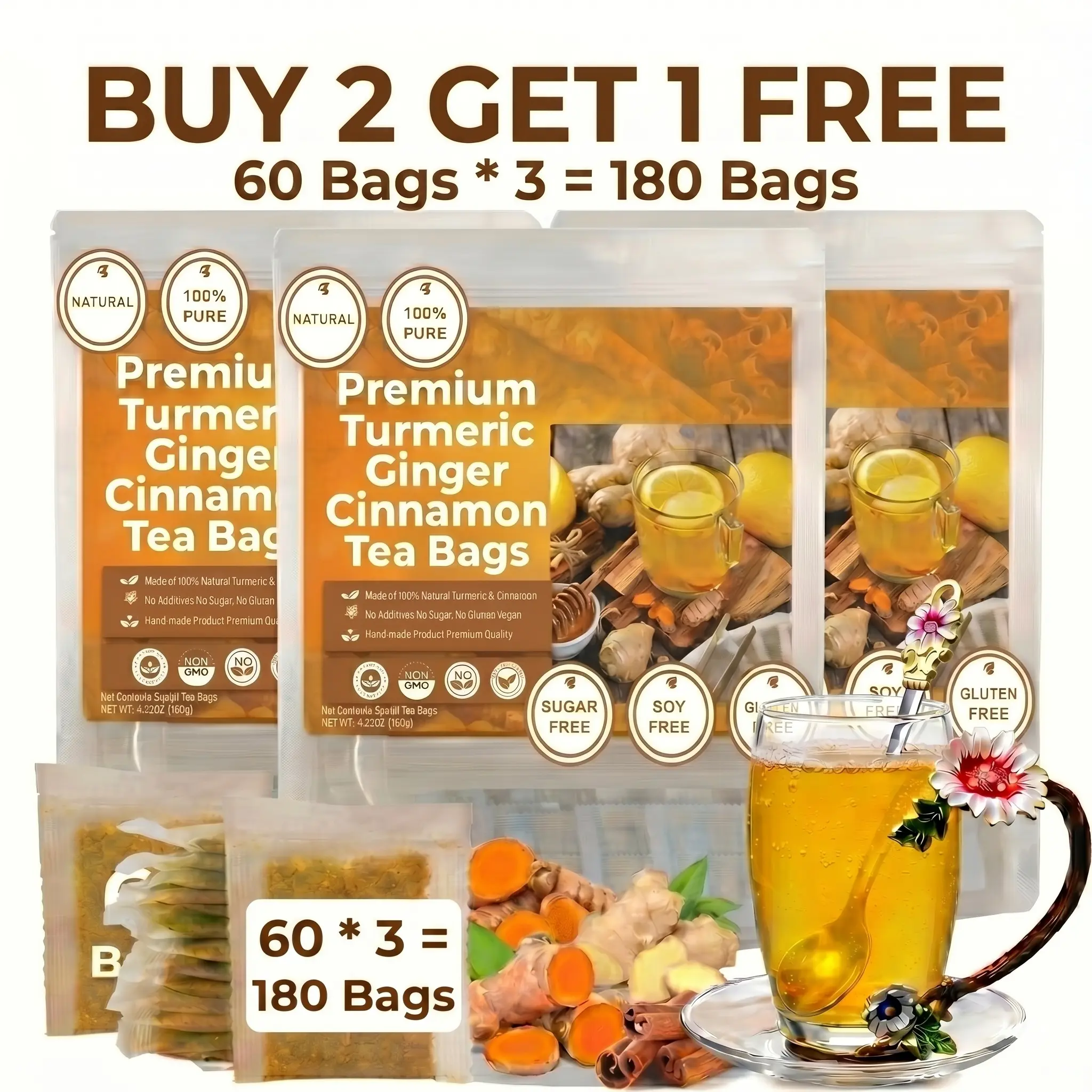 New 360/120/60Pcs Turmeric Ginger Cinnamon Tea, Cinnamon Tea, Ginger Turmeric Tea, Tea Bags, Turmeric Ginger Cinnamon Tea Bags, No Sugar, NoCaffeine, No Gluten