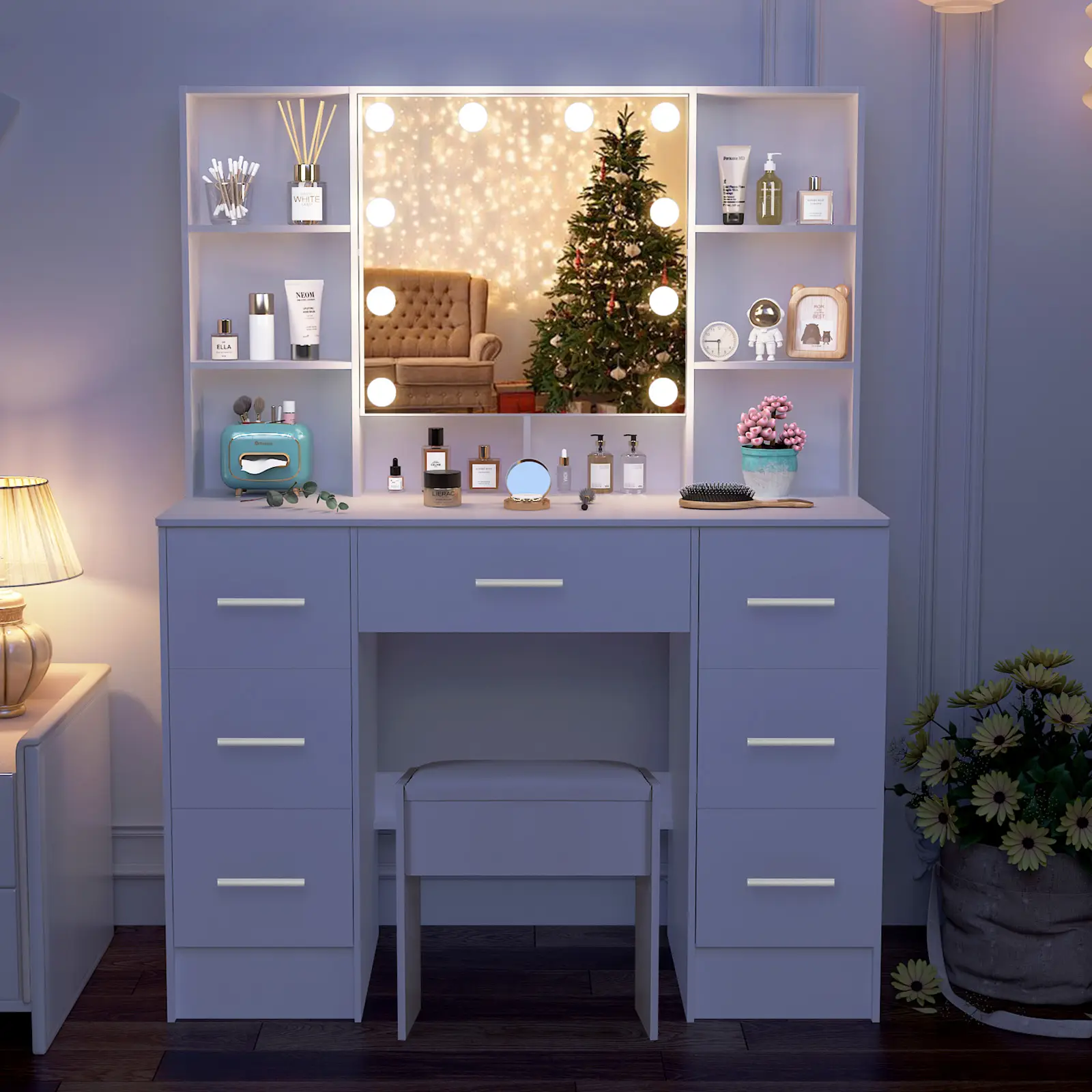XXL Large White Design Dressing Table and Stool, Bedroom Vanity Desk Set with 7 Drawers and 10 LED Lighted Mirror, Modern Make up Desk w/ Shelves Furn