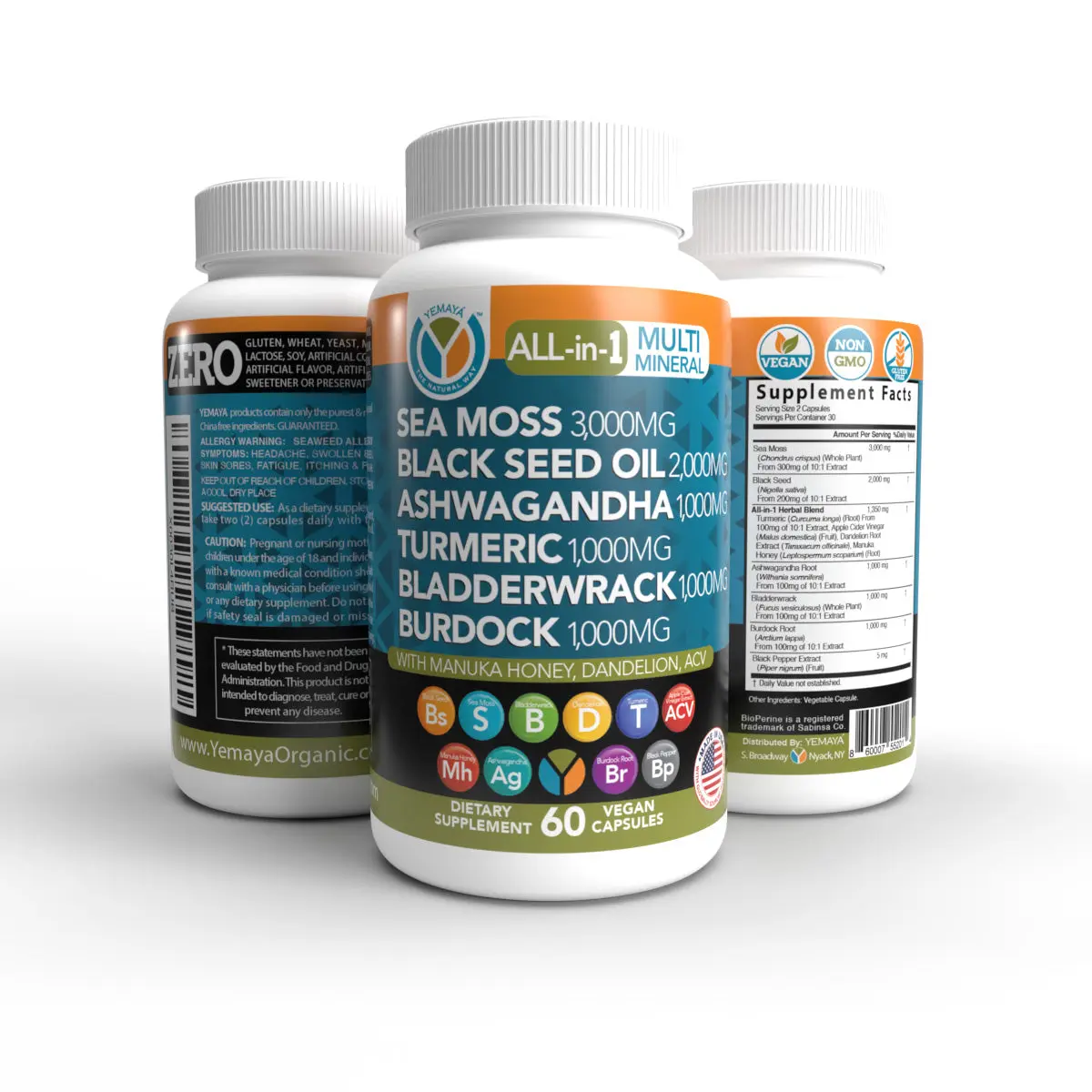 New Sea Moss 3000 mg, Black Seed Oil 2000mg , Ashwagandha 1000 mg , Tumeric 1000 mg , Bladderwrack 1000 mg , Burdock 1000 mg Capsules