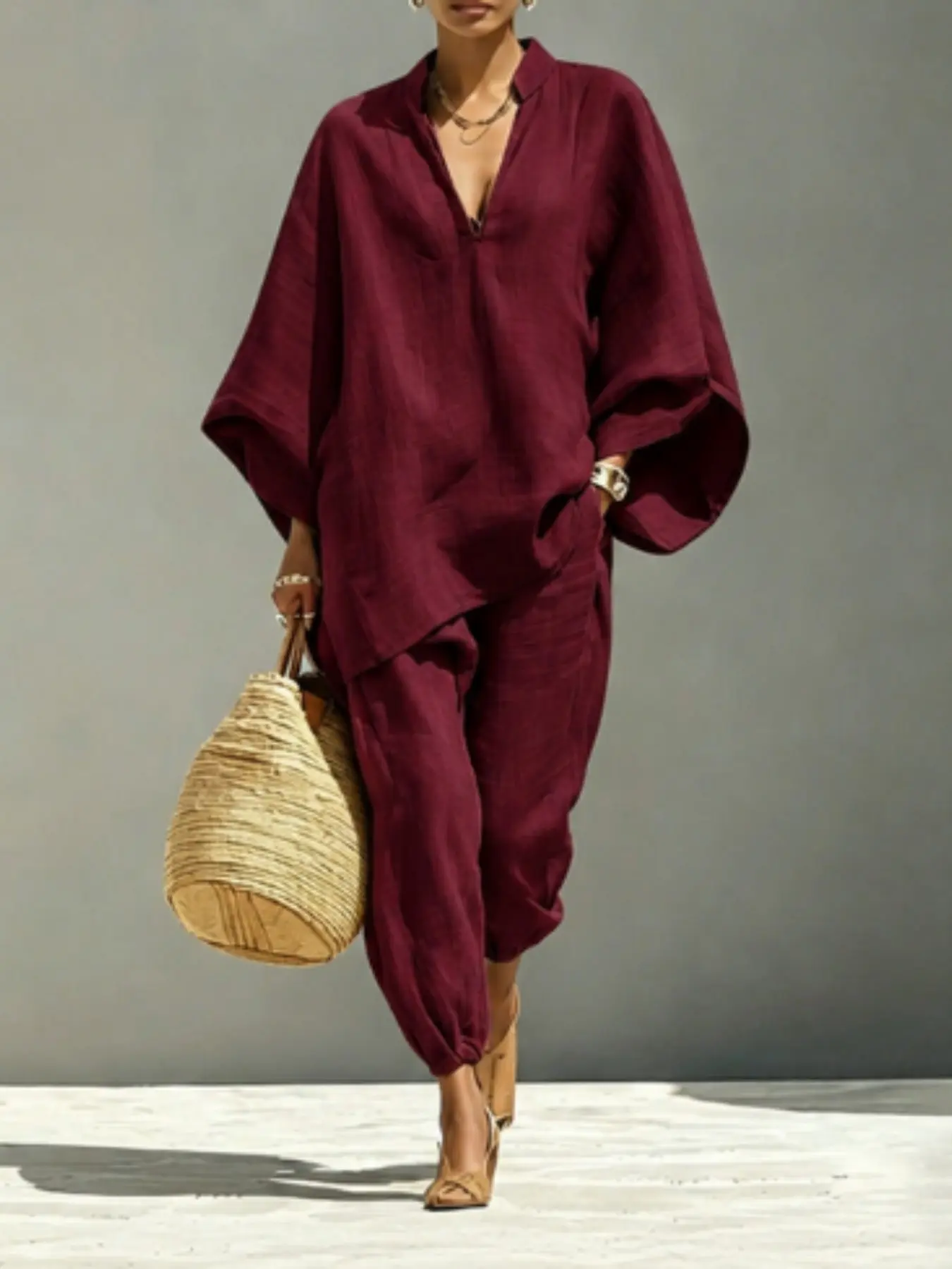Women's Casual Solid Color Loose Fit Slimming V Neck Batwing Sleeve Top + Lantern Pants, Comfortable and Stylish Clothing Set