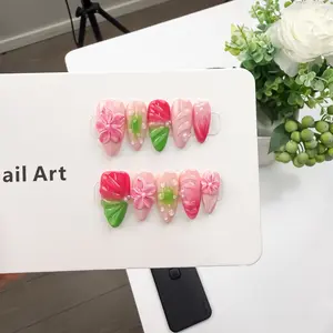 SC09 Med Almond Shaped Pink 3D Flowers Handmade Press On Nails Stick On Nails