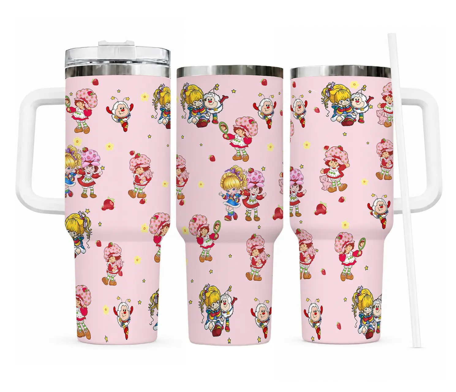 1 Pc 40oz Strawberry Shortcake Insulated Tumbler with Handle, Traveler Tumbler, Travel Coffee Cup, Double Wall Vacuum Stainless Steel Water Bottle, Keeps Drinks Cold & Hot, Cup Holder Friendly, Reusable Mug for Travel, Daily Use