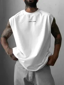 Men's Letter Print Round Neck T-shirt, Loose Street Fashion Casual Letters Print Crew Neck Sleeveless Top for Daily Wear, Casual Street Style, Men's Clothes for All Seasons