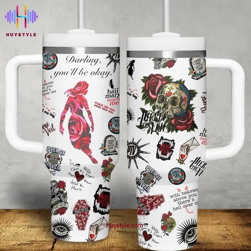 Pierce The Veil Rock Band Skulls And Roses Quencher 30oz or 40oz Stainless Steel Tumbler With Handle  SG